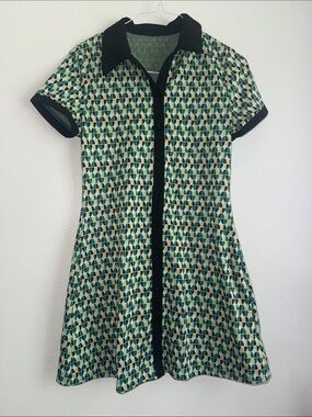 Women’s Teal Geometric Button-Front Dress with Black Trim
